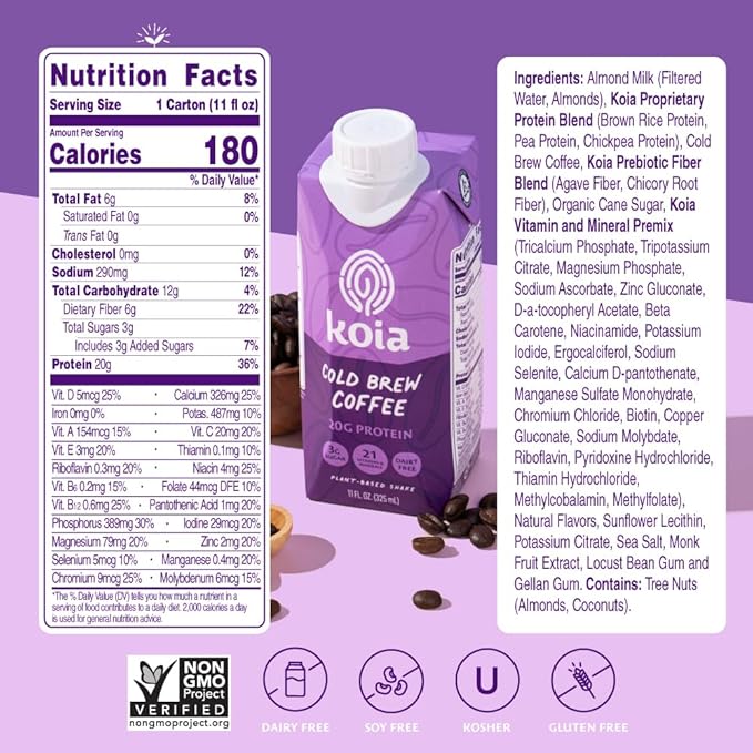 Koia Plant Based Protein Shake, Cold Brew Coffee, 20g Protein, 3g Sugar, 6g Prebiotic Fiber, 21 Vitamins & Minerals, Meal Replacement Drinks, Dairy-Free, Gluten-Free, Non-GMO, 11 Fl Oz (Pack of 12)