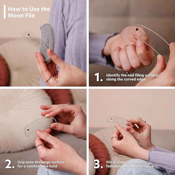 Bona Fide Beauty Ergonomic Moon Nail File (Clear) Grit in The Groove. Etched Glass File Made in The Czech Republic, Curve File with Large Gripping Surface.