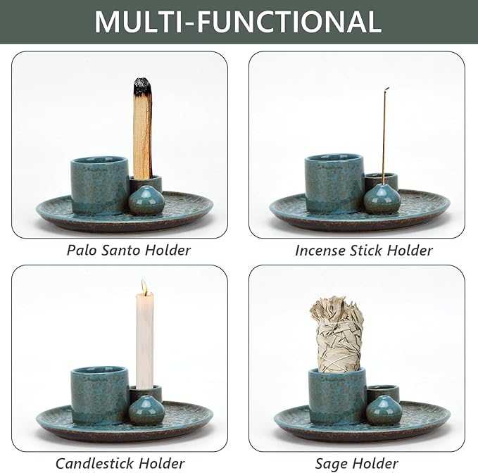 Ceramic Incense Holder Set with Decorative Tray, White, Intricate Pattern Design, 5.9x5.9x2 Inch, for Sticks, Cones, Palo Santo, Sage (Blue)