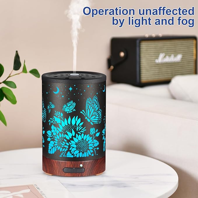 Essential Oil Diffuser- Aromatherapy Diffuser with7 Colors Light, and Auto-Off -Metal Cool Mist Humidifier for Home and Office（Sunflower + Butterfly）…