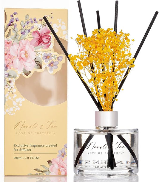 M&SENSE Reed Diffuser Set with 7 Sticks | 7.0oz Fresh Neroli & Tea Scent, Home Flame Free Fragrance Diffuser for Bathroom Office Hotel Shelf, Long Lasting Floral Diffuser with Baby's Breath Flower