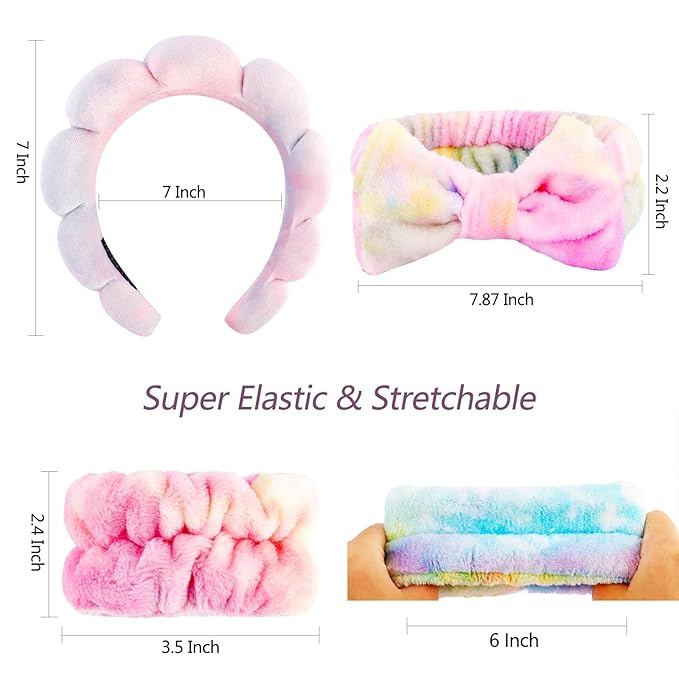 VELSCRUN Spa Headband, Makeup Face Wash Skincare Headbands, 6 Pcs Deep Colorful Sponge Bow Tie Get Ready HairBand Facial Wristband Set, Stuff for Teen Girls Women Trendy Fashion Hair Accessories