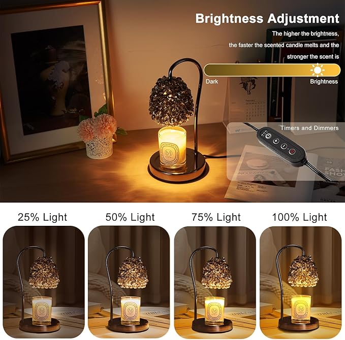 Black Candle Warmer Lamp with Timer - Adjustable Height Candle Warmer, Dimmer, Crystals Lampshade, Wax Melting Lamps for Home Decor, for Candles in Jars with 2 Bulbs