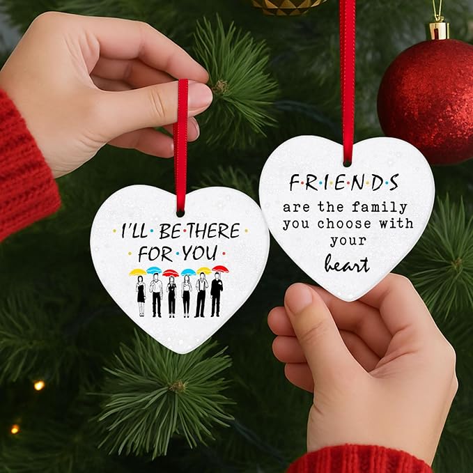 34HD Gifts for Christmas, Coworker Christmas Ornament Heart-Shaped Ceramic 2-Side Printed, Friends Gifts for Men, Women, Christmas Decorations