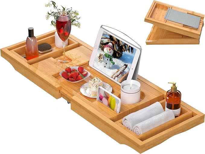 Artmalle Bathtub Caddy Tray for Tub,Foldable Bamboo Bath Table Tray with Book and Wine Glass Holder, Free Soap Dish Suitable for Luxury Spa or Reading,Natural