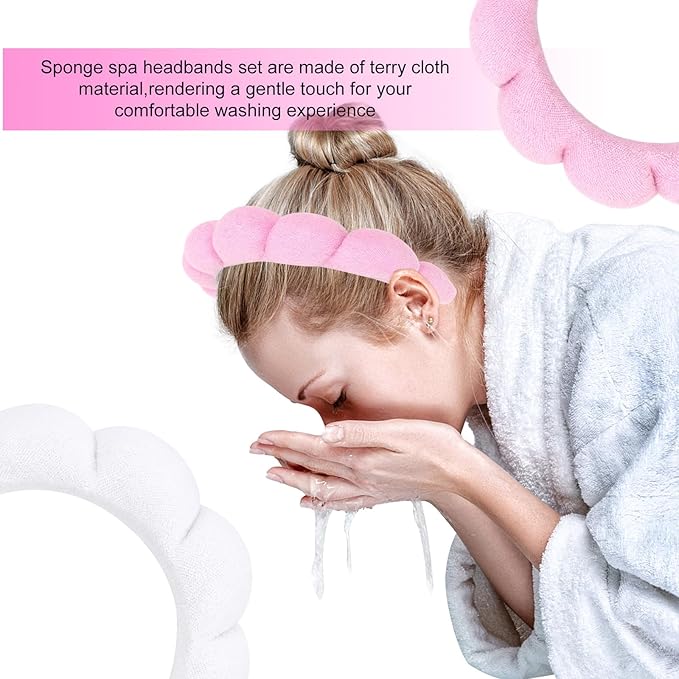 AMCAMI Puffy Spa Headband for Women 2 PCS Sponge Headbands for Girls Terry Towel Cloth Fabric Head Band for Skincare,Makeup Removal,Face Washing,Facial Mask,Shower,Hair Accessories（White&Light Pink）