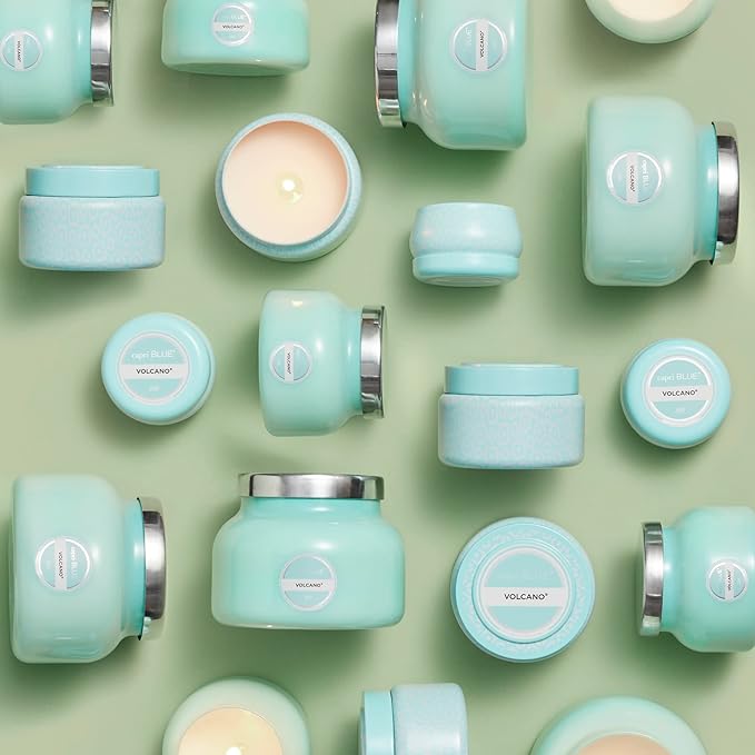 Capri Blue Volcano Scented Mini Tin Jar Candle - Printed Mini Tin Candles for Home Scented with Tropical Fruit & Sugared Citrus - Long Lasting Soy Wax Blend - Aqua (3 oz)