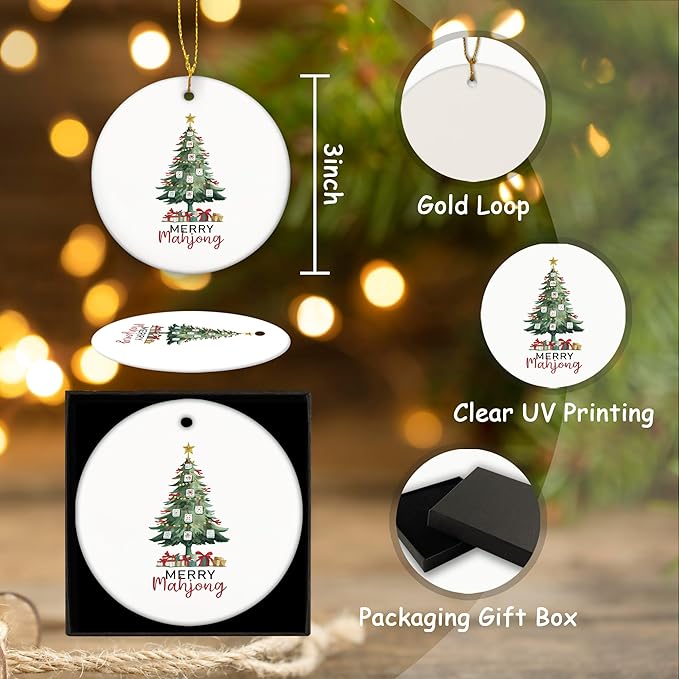 Christmas Mahjong Tree Ceramic Ornament Gifts, Retro Winter Mahjong Christmas Tree Decorative Hanging Ornaments for Xmas Holiday Party Decoration, Winter Xmas Decorations,Backpack Decoration