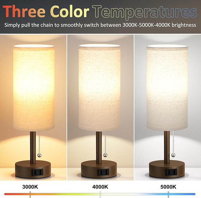 Fenmzee Brown Bedside Table Lamps Set of 2-3 Color Temperatures Pull Chain Lamp with AC Outlet Charging Port, Small Round Night Stand Lamps for Bedroom, Bed Side Light with E26 LED Bulbs
