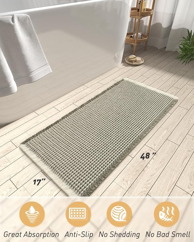 AMOAMI Upgraded Waffle Runner Rug Super Absorbent Non Slip Bath Mats for Bathroom Machine Washable Bathroom Runner Rug with Tassels, Ideal for Hallway Bedroom Laundry Room, 17" x 48‘’, Green & Cream