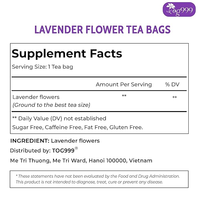 TOG999, Premium 60 Lavender Flower Tea Bags, 100% Natural & Pure. Loose Flower Lavender Herbal Tea. No Sugar, No Caffeine, No Gluten, Vegan.