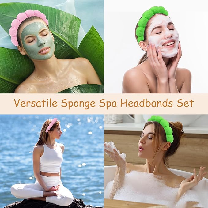 AMCAMI 2 PCS Puffy Spa Headband for Women Sponge Headbands for Girls Terry Towel Cloth Fabric Head Band for Skincare,Makeup Removal,Face Washing,Facial Mask,Shower,Hair Accessories（Green&Light Pink）