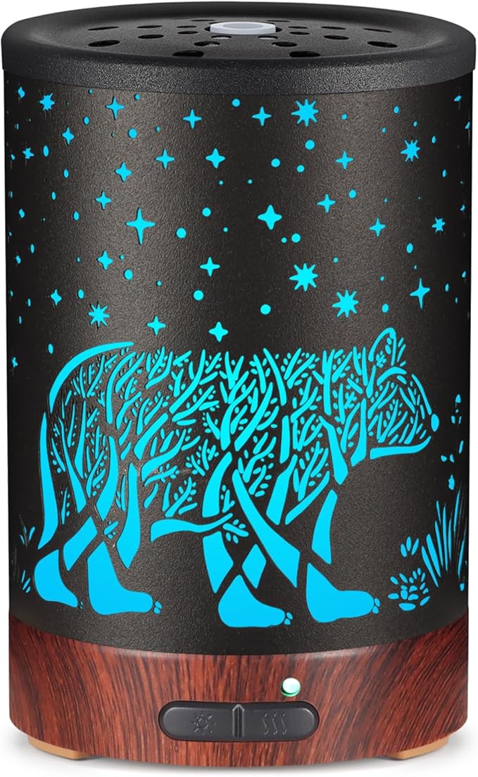 Essential Oil Diffuser- Aromatherapy Diffuser with7 Colors Light, and Auto-Off -Metal Cool Mist Humidifier for Home and Office（Polar Bear）…