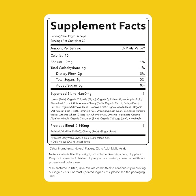 Clean Simple Eats Super Greens Powder, Naturally Flavored Greens Powder with Chlorella, Spirulina, Superfoods & Prebiotic Fiber, No Artificial Ingredients, Gluten Free, Sweet Lemon Flavor, 30 Servings