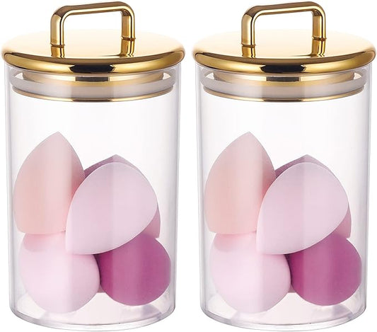 2 Pack 24 oz Medium Acrylic Storage Apothecary Jar with Gold Airtight Lid | Bathroom Vanity Organizer Containers | Ideal Decorative Canisters for Shells, Bath Salt, Grains, Cotton Ball, Flossers