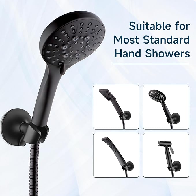 BRIGHT SHOWERS Strong Adhesive Shower Head Holder with Dual Angle Adjustable, Wall Mounted Handheld Shower Bracket, Easy Installation, Screw Mounting Options, Matte Black