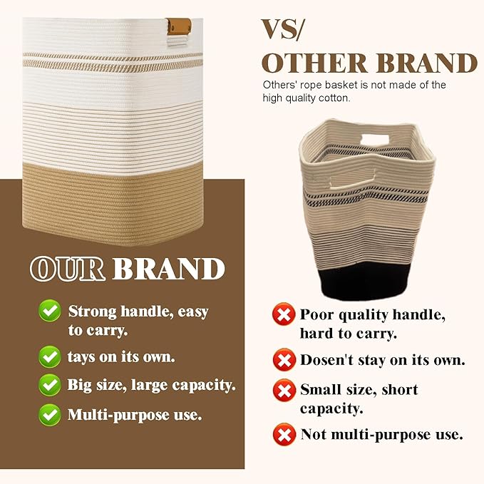 Laundry Hamper, 85L Tall Laundry Basket with Leather Handles, Rectangle Large Clothes Hamper for Organizing, Cotton Woven Laundry Baskets Storage Hampers for Bedroom, Nursery, Living Room