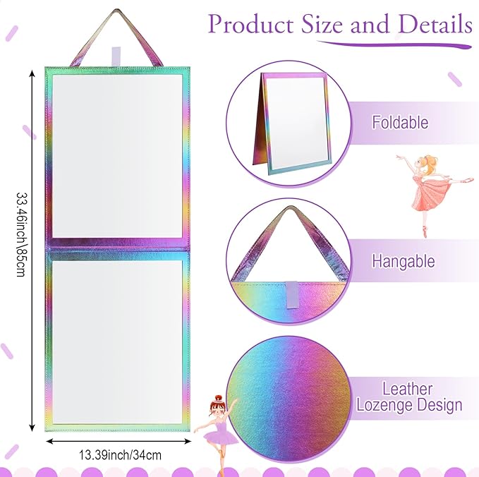 Chunful Foldable Backstage Mirror with Handle Holographic 33.5 X 13.4 Inch Folding Hanging Mirror Rectangular for Travel Dance Bag Home Fitness Spa Gift for Dancers(Colorful)