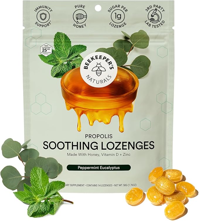 Beekeeper's Naturals Soothing Mint Eucalyptus Cough Drops, Immune Support with Vitamin D, Zinc and Propolis, Cooling & Throat Soothing Lozenges, 14 Ct