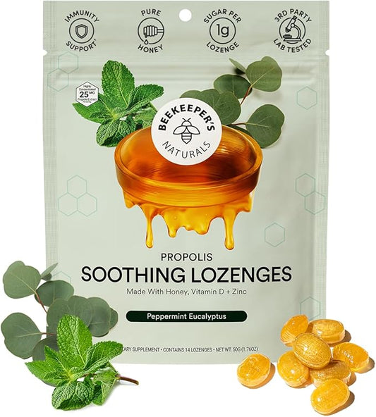 Beekeeper's Naturals Soothing Mint Eucalyptus Cough Drops, Immune Support with Vitamin D, Zinc and Propolis, Cooling & Throat Soothing Lozenges, 14 Ct