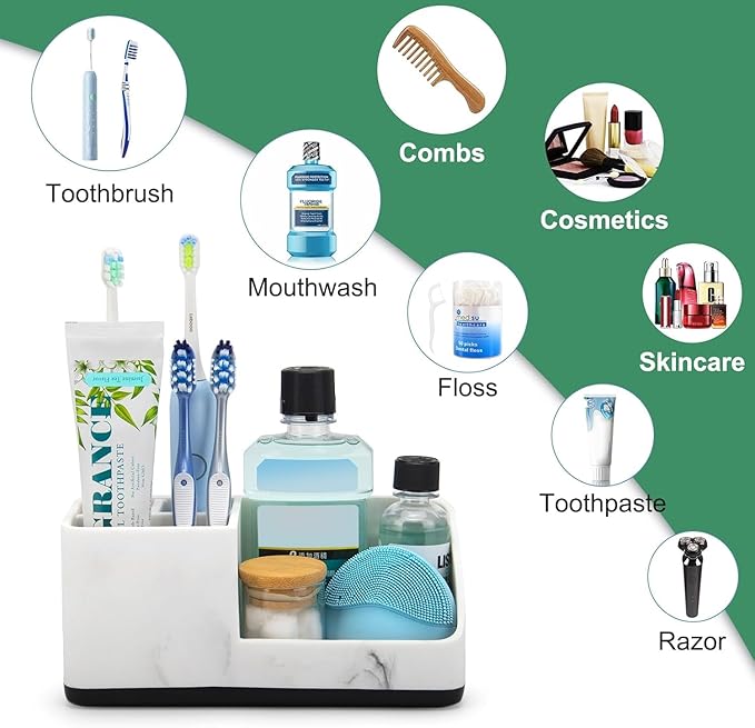 Marble Bathroom Counter Organizer, Kids Electric Toothbrush and Toothpaste Holders for Bathroom Organizers and Storage (Marble)