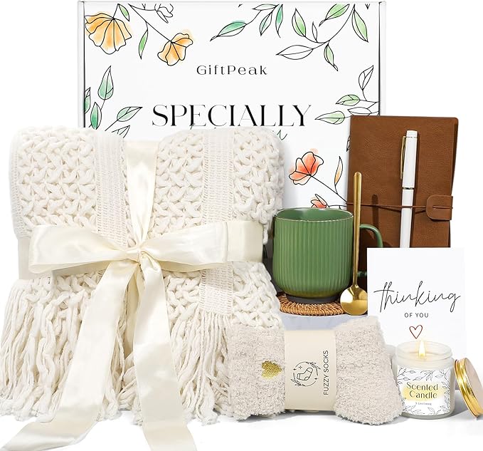 Get Well Soon Gifts for Women, Sympathy Gift Baskets, Thinking of You Care Package, Sending Hugs Box, After Surgery Feel Better Gifts with Snuggly Knitted Tassel Blanket (Ivory)