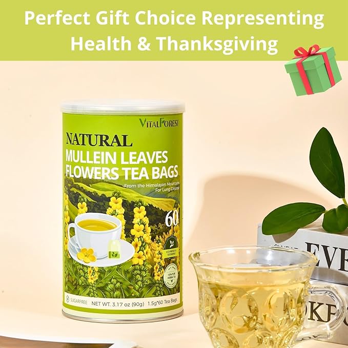 60 Mullein Leaf Tea Bags for Lungs, VitalForest 100% Pure Mullein Mullins Detox Tea, Lung Cleanse Tea for Smokers Breathe Deep and Respiratory Support, Caffeine Free Mullen Mullin