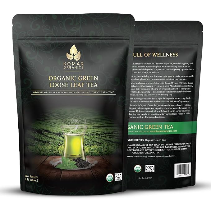 Komar Organics Loose Leaf Green Tea – 16Oz USDA Organic for Energy Boost, Antioxidants – Certified Kosher Delicate Flavor Assam Tea Organic Tea Leaves Ideal for Morning, Afternoon