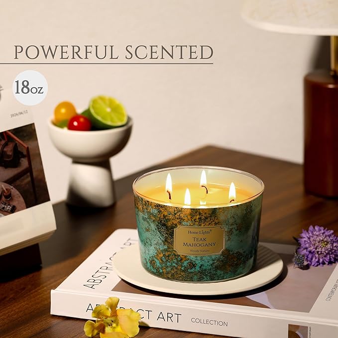 HomeLights Large jar Candle | 4-Wick Long-Lasting Scented Candles, 18oz Natural Soy Wax Candle for Home Scented, Industrial Chic Gifts for Women & Men, Teak Mahogany