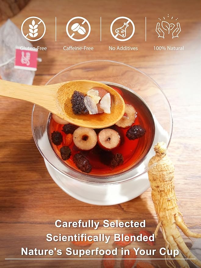 TeeLux Ginseng Six Treasures Tea, Traditional Chinese Herbal Tea Blend with Ginseng, Mulberry, Goji Berry, Yam, 30 Biodegradable Pyramid Bags, Caffeine-Free