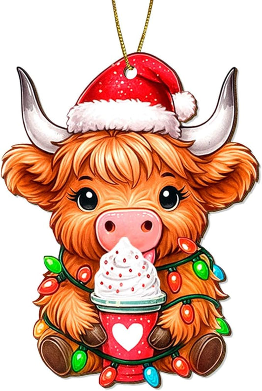 Farmhouse 2 Side Printed Wooden Ornament, Farm Animal Tree Decoration, Baby Highland Cow Ornament, Holiday Hanging Keepsake Gift for Christmas