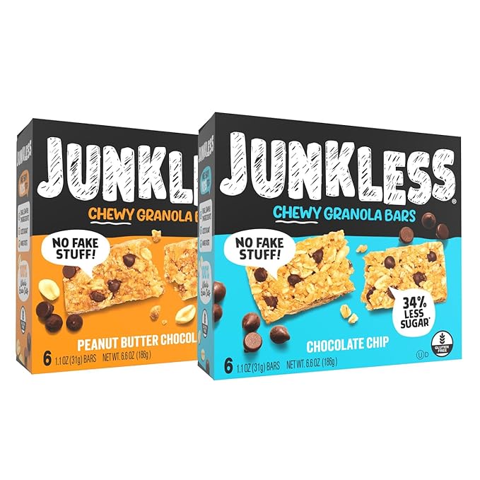 JUNKLESS Chewy Granola Bars Twin Pack – Chocolate Chip & Peanut Butter Chocolate Chip (12 Bars)–Less Sugar, Non-GMO, Gluten-Free, Wholesome Snack Bars for Kids & Adults, 2 Boxes
