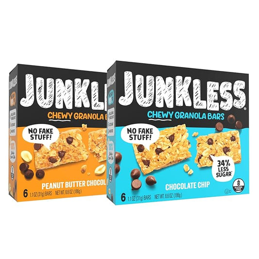 JUNKLESS Chewy Granola Bars Twin Pack – Chocolate Chip & Peanut Butter Chocolate Chip (12 Bars)–Less Sugar, Non-GMO, Gluten-Free, Wholesome Snack Bars for Kids & Adults, 2 Boxes