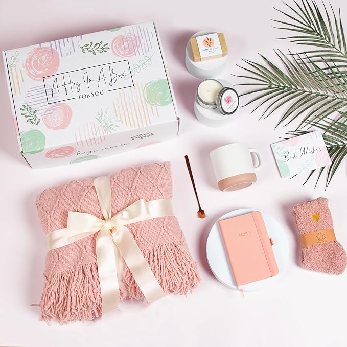 Get Well Soon Gifts for Women - Sending Hug Sympathy Gifts, Care Package Feel Better Basket for Sick Friends, Relaxing Inspirational Gift, Birthday Gift for Women, Blanket Mug Set (Pink)