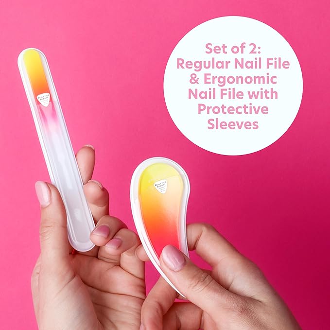 BONA FIDE BEAUTY Czech Glass Nail Files for Natural Nails 2-Pieces Set, Comfort Ergonomic Nail Filers for Arthritis, Tendonitis, Carpal Tunnel Solution for Nail Care