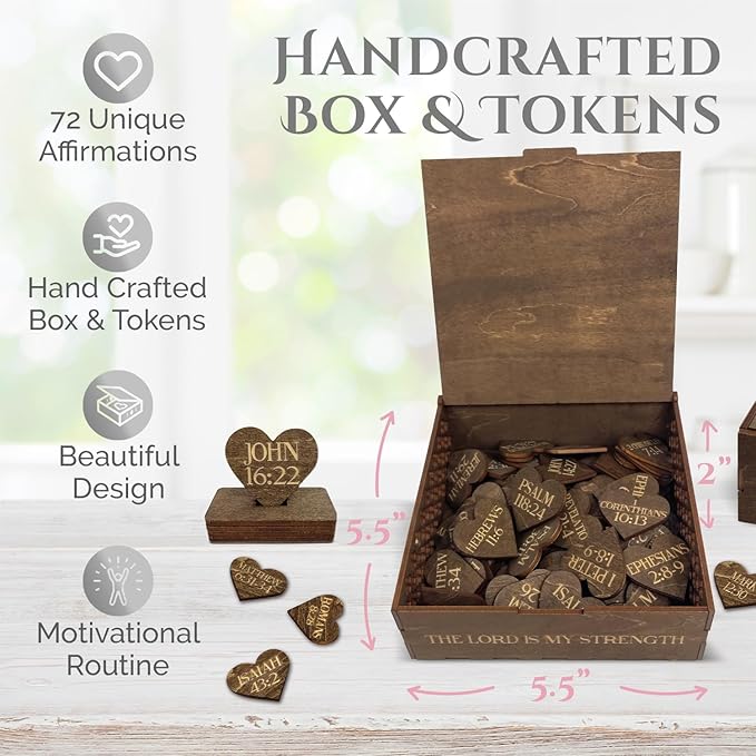 Biblical Affirmations Box | Christian Themed Engraved Wood Box with 72 Scripture Affirmation Heart Cutouts | Daily Motivational Religious Gift