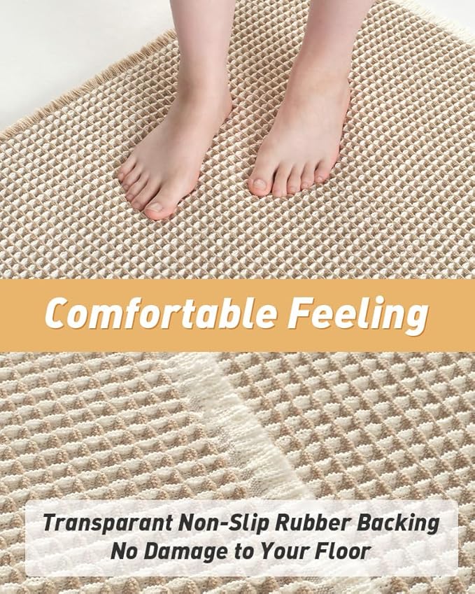 AMOAMI Upgraded Waffle Bath Mat, Super Absorbent Non Slip Bath Mats for Bathroom Floor, Machine Washable Bathroom Rugs with Tassels, Rubber Backed Bathroom Mats, Ultra Soft, 24" x 36",Brown & Cream