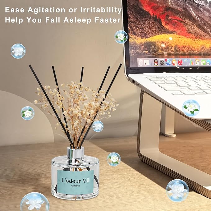 L'odeur Vill Reed Diffuser Set, 6.7 oz(200ml) Gardenia Scented Diffuser with 6 Oil Diffuser Sticks, Home Fragrance Essential Oil Reed Diffuser for Home Large Rooms Bathroom Shelf Decor