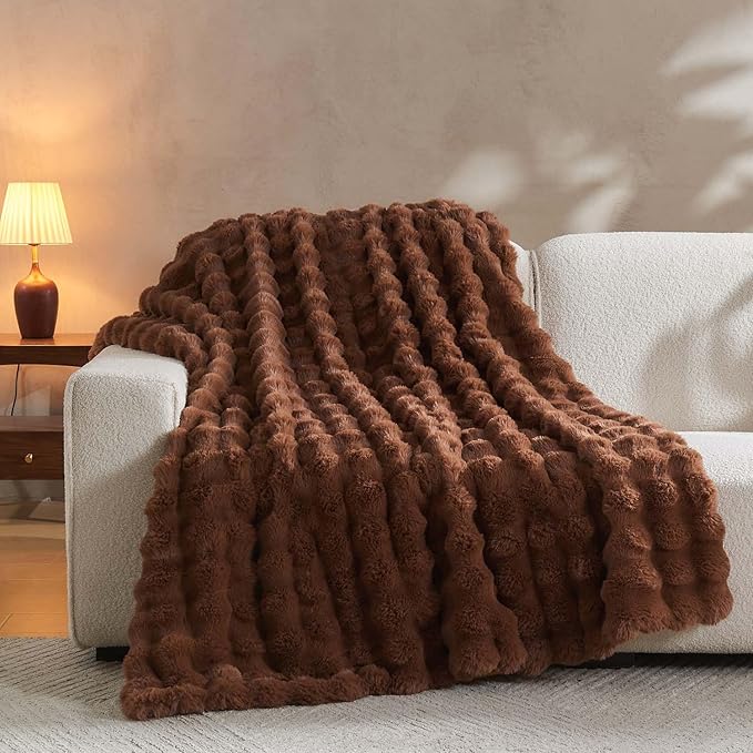 Lotus Karen Faux Fur Throw Blanket Dark Coffee - Big Bubble Rabbit Fluff Blanket for Couch Bed Sofa,Softest Fluffy Fuzzy Cozy Blanket,Thick Furry Plush Shaggy Warm Blankets for Women,90x90 Inches