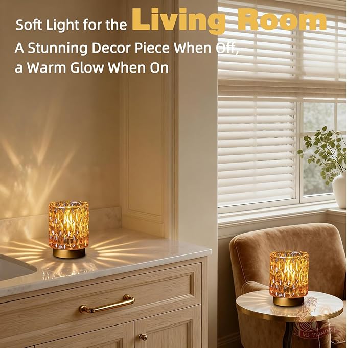 Battery Operated Table Lamps Timer, Mini Crystal Lamp for Area No Plug, Cordless Lamp with LED Bulb for Power Outage, Decorative Lamps for Tabletop/Corner/Entryway/Stairway/Bathroom/Fireplace(2*AMBER)