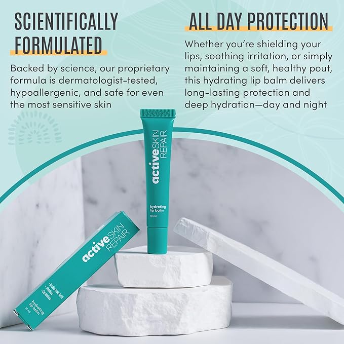 Active Skin Repair Hydrating Lip Balm for Dry Lips, EWG Certified Long-Lasting Moisturizing Lip Balm with Hyaluronic Acid, Peptides, and Ceramides, 10 ml.