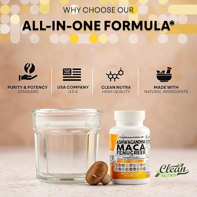 Clean Nutraceuticals Ashwagandha Maca Root Fenugreek Supplement with Tongkat Ali Ginseng - Assists with Stress, Mood & Thyroid - Ashwagandha Capsules Fenugreek Caps - 1 Pack