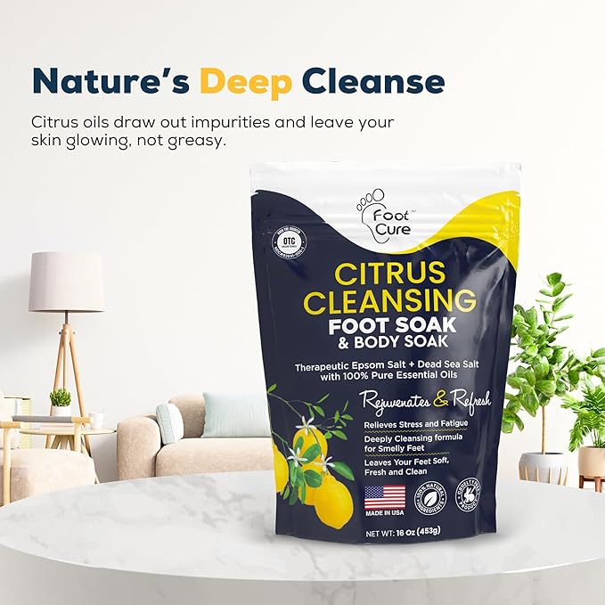 FOOT CURE Citrus Detox Foot Soak With Epsom Salts for Foot Callus, Immune Boost, Damaged Toenail, Athletes Foot, Pedicure and Soothes Tired Aching Feet - 16 oz (Pack of 2)