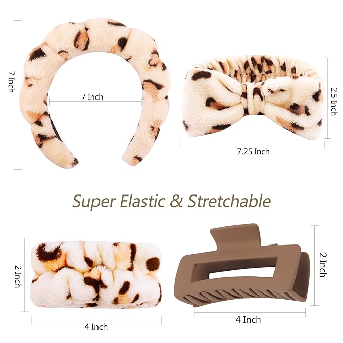VELSCRUN Spa Headbands for Wash Face, Makeup Headband, Facial Skincare Headbands, 5 Pcs Brown Leopard Puffy Sponge Spa Headband Bow Tie Hair Band Hair Clips Wristband Set Women Girls Accessories