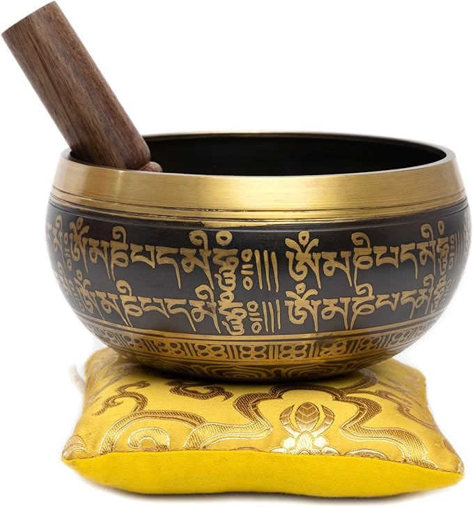 Tibetan Singing Bowl Set - Easy To Play Authentic Handcrafted For Meditation Sound Bowl Chakra Yoga Healing 4 Inches By Himalayan Bazaar (Black & Yellow)