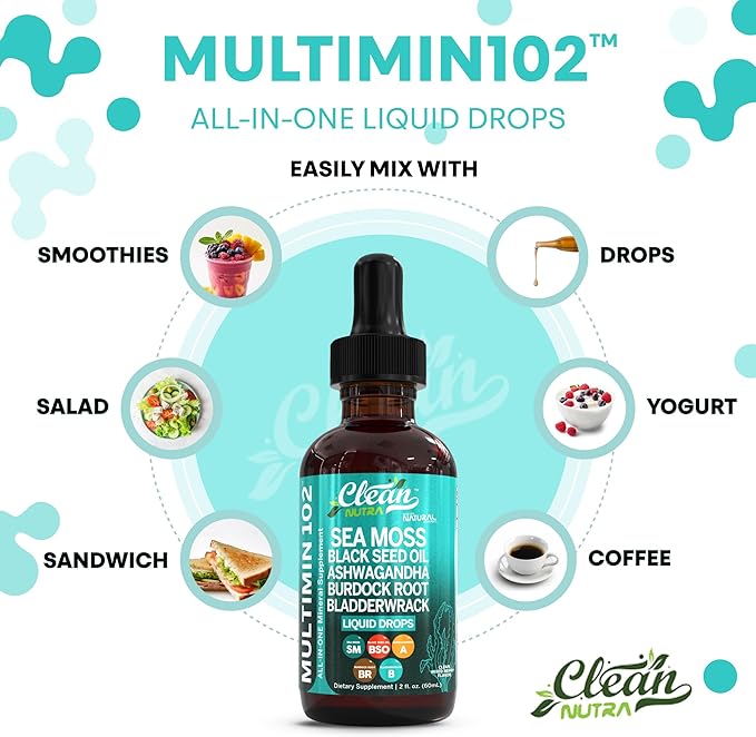 Clean Nutraceuticals Sea Moss Drops Supplement Liquid with Black Seed Oil Ashwagandha Burdock Root & Bladderwrack - Multimineral Organic Non-GMO Vegan for Gut Heath Skin Immune Support Hair (2)