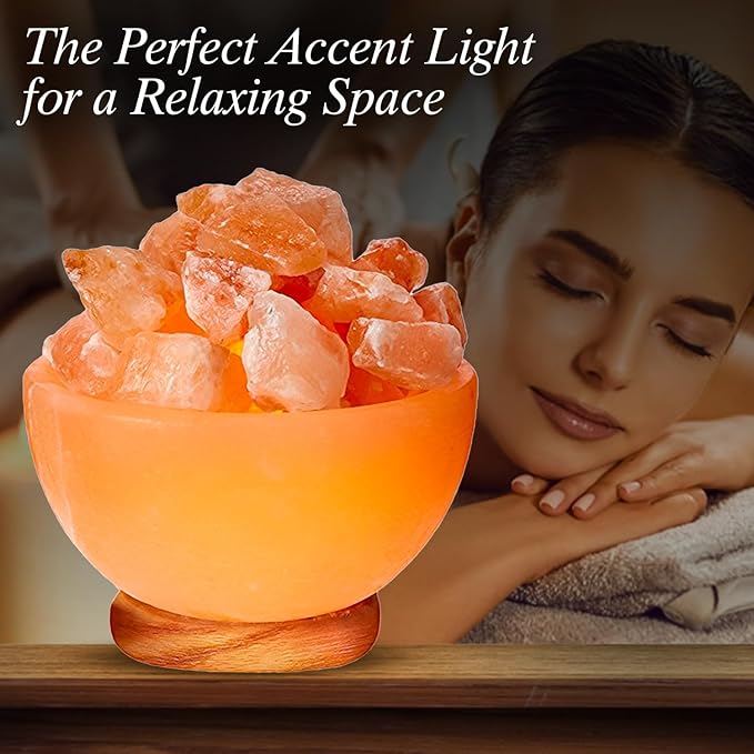 Himalayan Glow Massage Bowl Lamp with Natural Salt Crystal Chunks, Dimmer Cord with Classic Wood Base - Natural Crystal Salt Lamp with Mood Lightening and Night Light