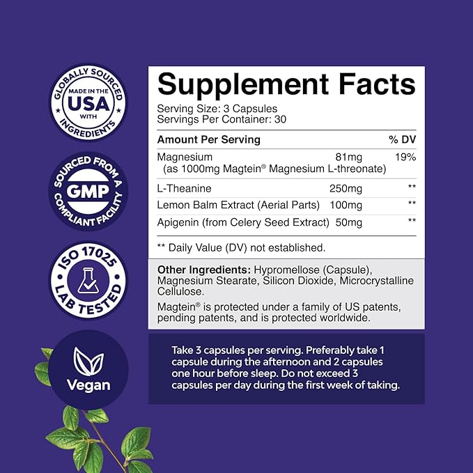 High Absorption Magnesium Sleep Supplement - Rest Support Magnesium L-Threonate Apigenin Theanine for Sleep and Rest for Women & Men - Mg L-Threonate Melatonin Free Sleeping Aid - 90 Capsules