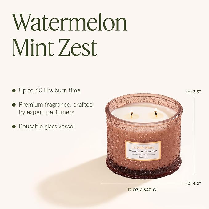 LA JOLIE MUSE Watermelon Mint Zest Candle - Eucalyptus, Sage, Lavender | 12 oz Large 2-Wick Soy Wax Candle | 60 Hours Clean Burn | Gift-Ready for Hosts & Gatherings | Elegant Home Décor
