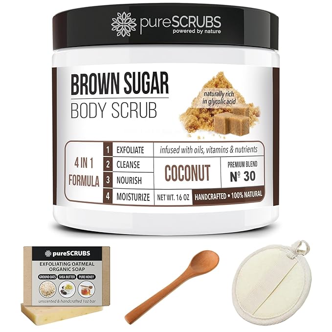 pureSCRUBS Premium Coconut Brown Sugar Scrub | Face, Feet & Full Body Scrub | Large 16oz Jar Includes Wooden Spoon, Loofah & Mini Exfoliating Bar Soap